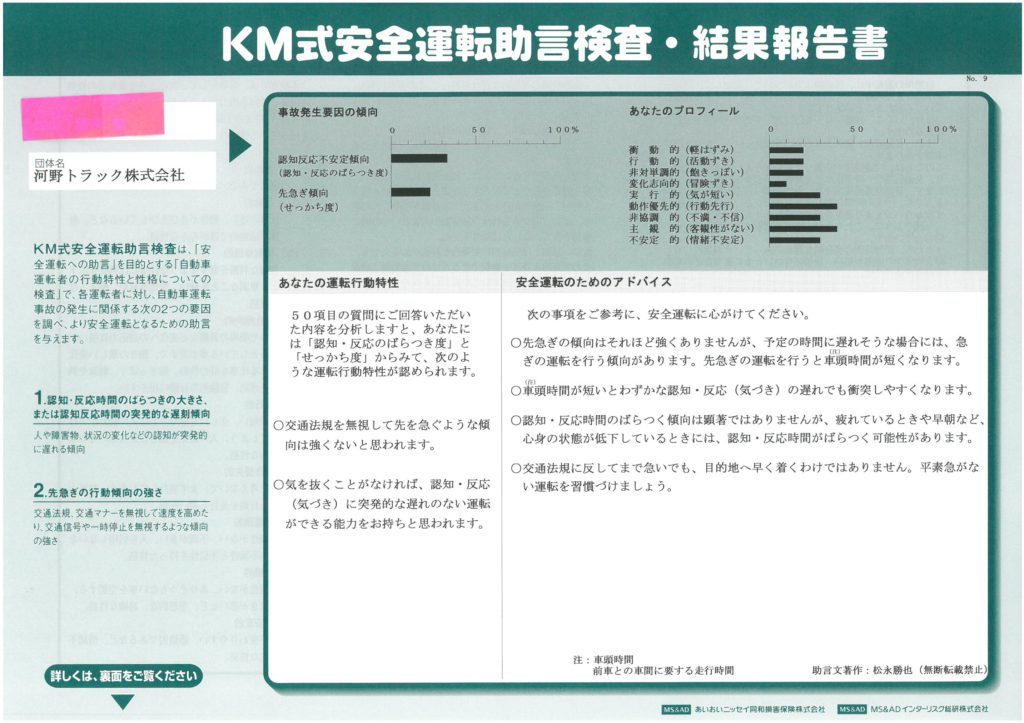 KM式安全運転助言検査・結果報告書